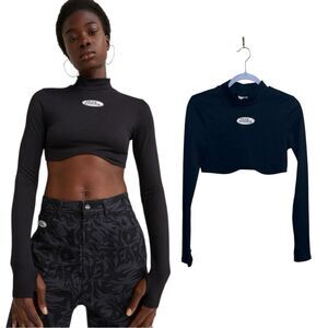 No Fear x H&M Black Cropped Long Sleeve Top M Thumbholes Y2K Moto Vibes